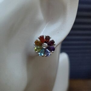 Multicolor Gemstone Flower Stud Earrings.